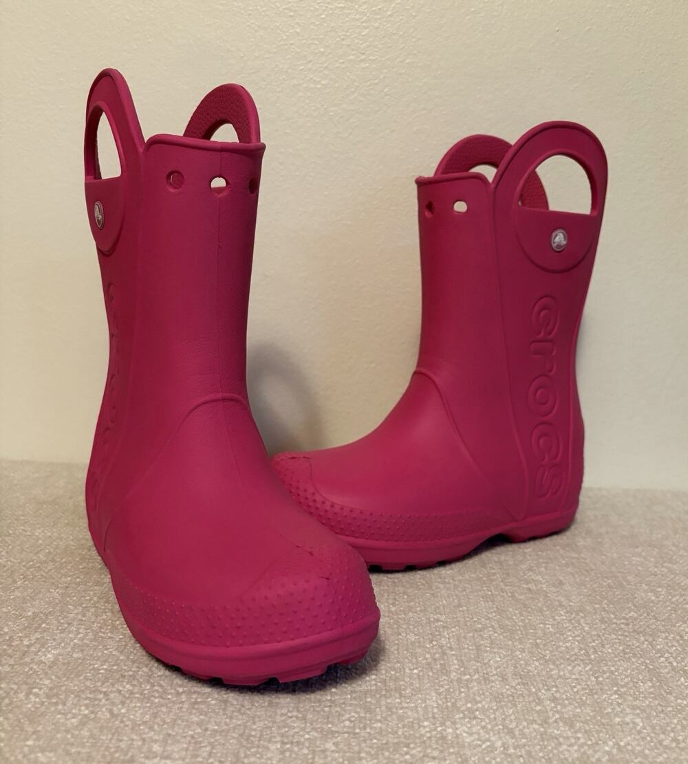 Crocs Handle It Rain Boots Pink Waterproof Pull On Kids Size J3